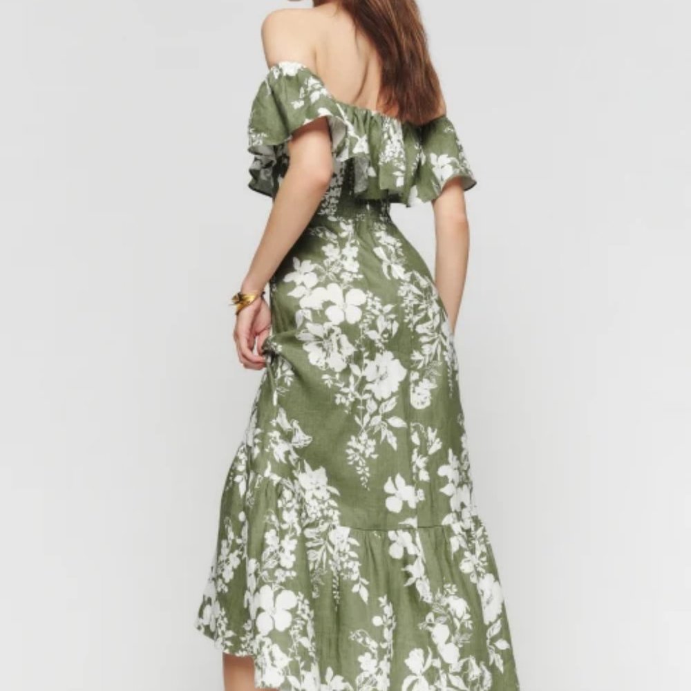 NWOT Reformation Baela Linen Dress in Willow Green White Floral Midi - Picture 2 of 7